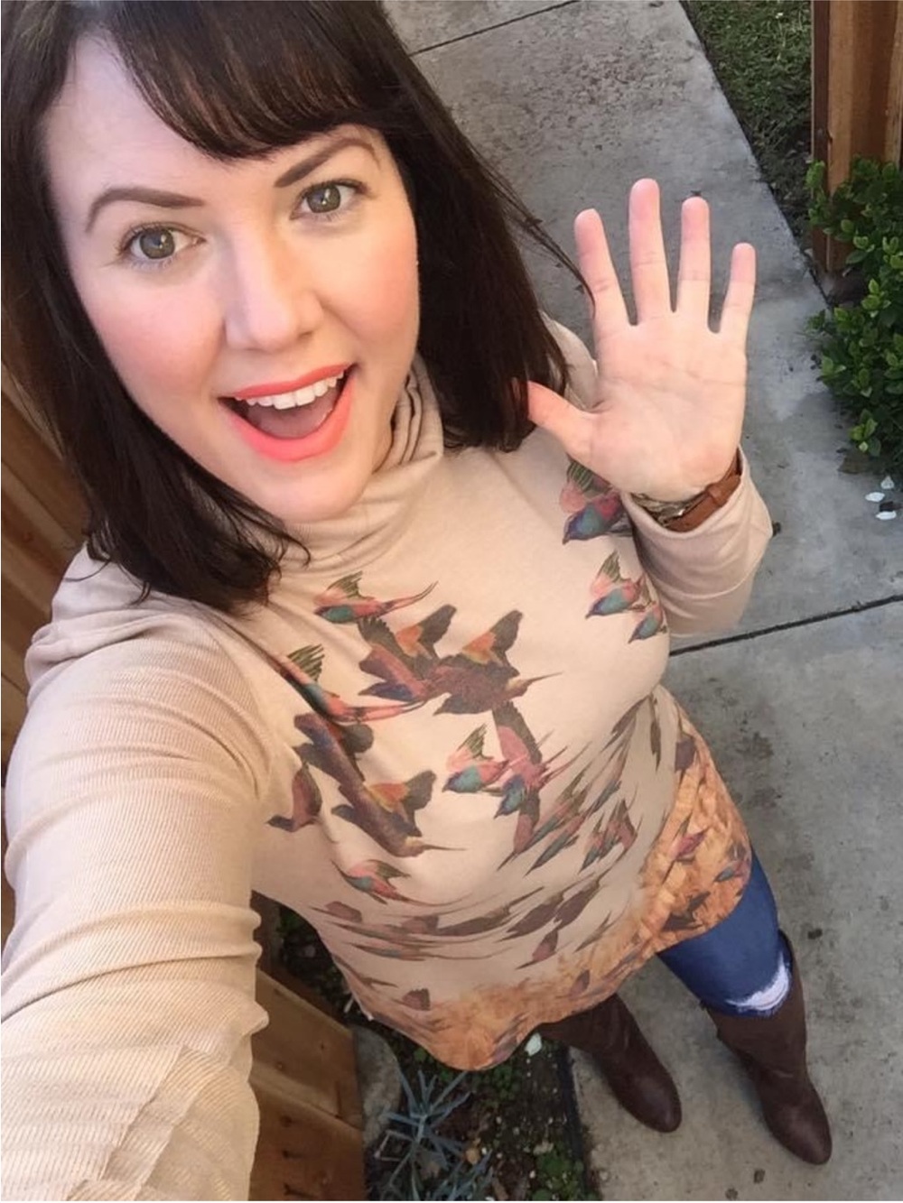 Go Couture Beige Turtleneck Tunic with Multicolor Bird Print